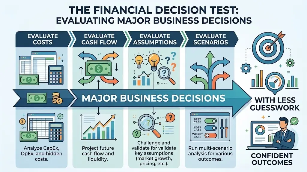 Business owner using the Financial Decision Test to evaluate costs, cash flow, assumptions and scenarios