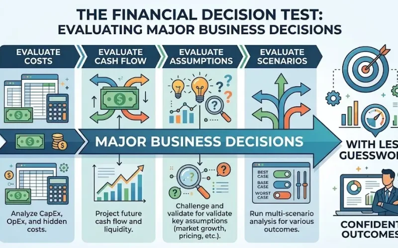 Business owner using the Financial Decision Test to evaluate costs, cash flow, assumptions and scenarios